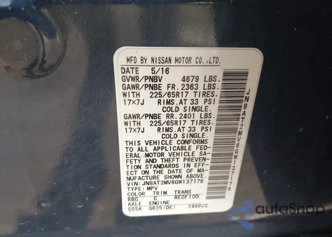 2016 Nissan Rogue S из США, поврежденный, VIN JN8AT2MV6GW137176